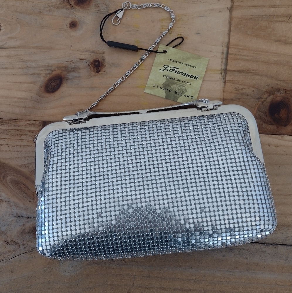 J Furmani Collection Designer Silver Sparkle Clutch Bag w Chain Strap NWT